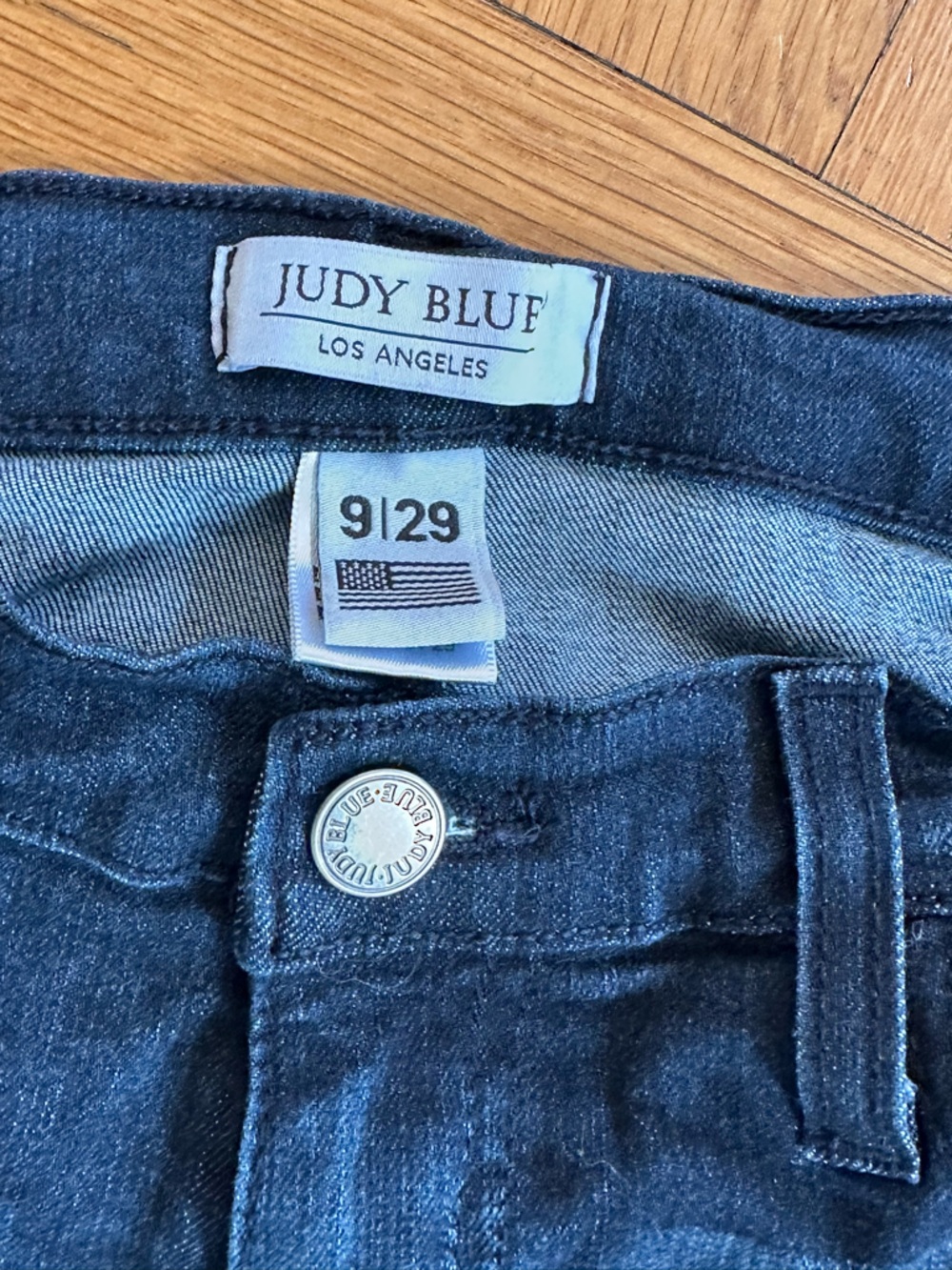 Judy Blue 9/29 boot cut frayed hem low rise jeans dark with whiskering
